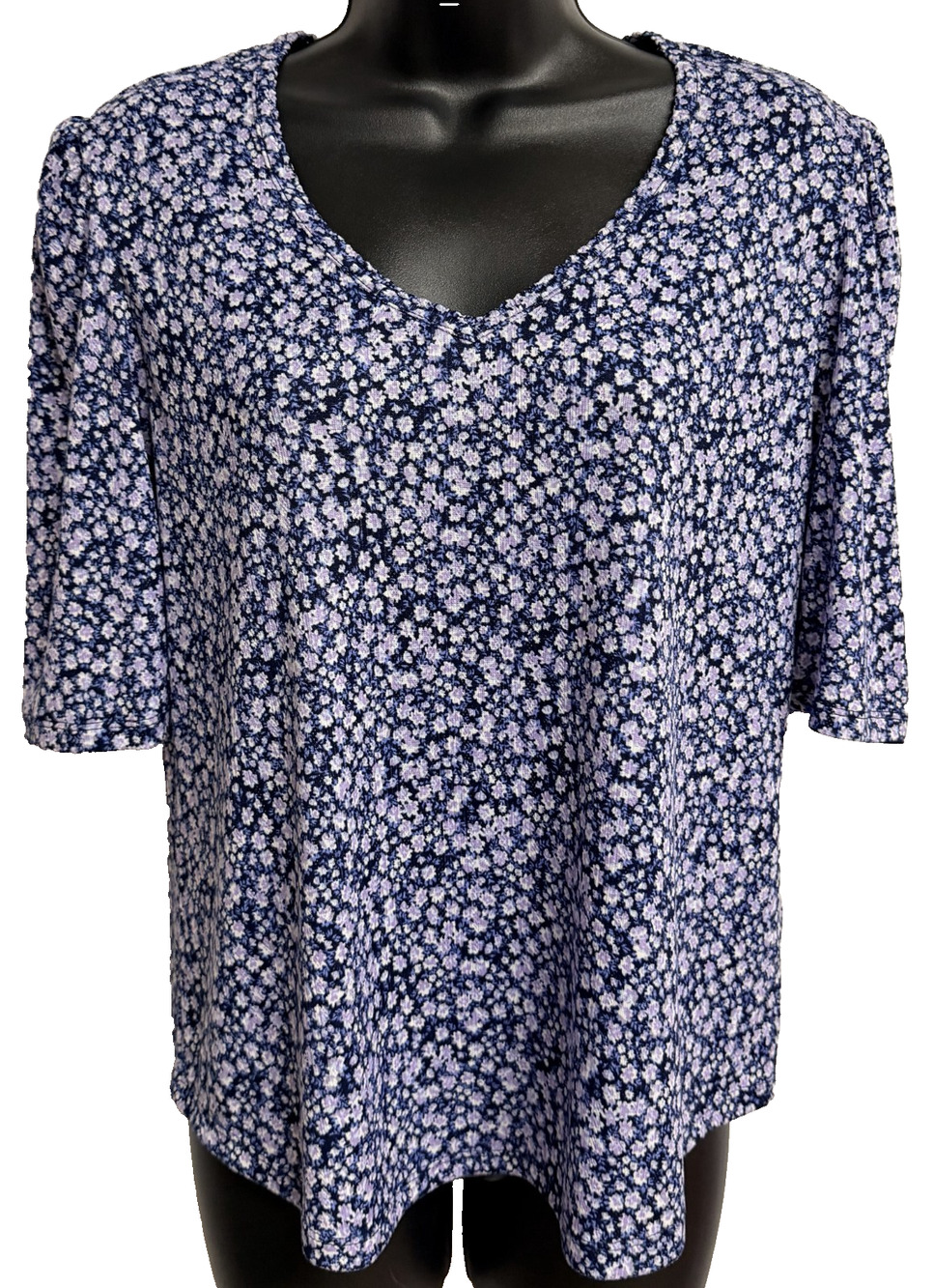 Lands' End Pointelle V-Neck Blouse Women Medium Blue Floral Elbow Sleeve Top NEW